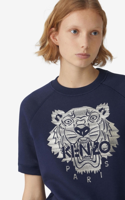 Kenzo Women Tiger Short-sleeved Sweatshirt With Embroidery Navy Blue